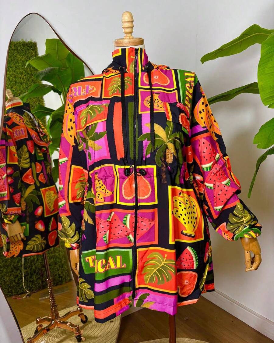 Plus Size Printed Windbreaker Jacket, Plus Size Parka, Nylon Blouse - 10 - View 1