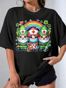 Girls' Black And White T-Shirt With Nurse And Adorable Gnomes Design, Rainbow And Shamrock Print, For Casual Wear, Gift For St. Patrick's Day, Outdoor Party, Casual Printed T-Shirt 220gropa De Mujer - 黑色 - 查看 1
