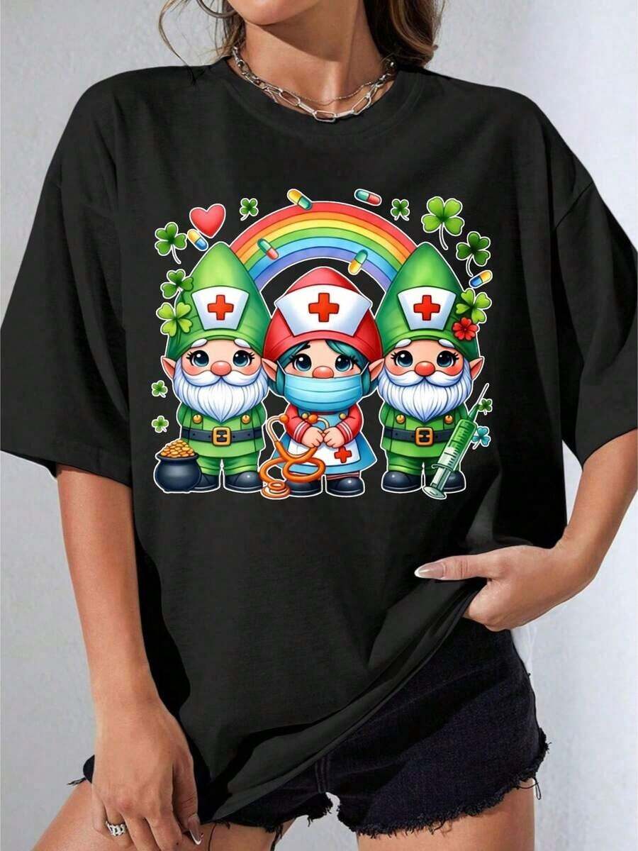 Girls' Black And White T-Shirt With Nurse And Adorable Gnomes Design, Rainbow And Shamrock Print, For Casual Wear, Gift For St. Patrick's Day, Outdoor Party, Casual Printed T-Shirt 220gropa De Mujer - 黑色 - 查看 1