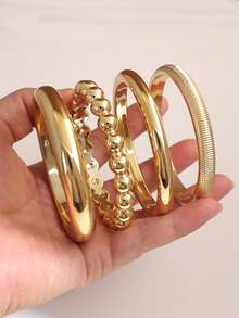 4pcs Ball Bead Textured Bangle Bracelets, Suitable For Party, Banquet, Travel, Wedding, Holiday, Daily Wear, Jewelry Gift - Gold - View 2