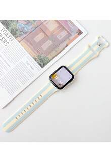 1件時尚彩色條紋印花矽膠錶帶，適用於Apple Watch 38/40/41/42/44/45/49/(S10 42)/(S10 46)/(S11 42)/(S11 46)mm女性，柔軟矽膠運動錶帶，兼容 Series 11 Ultra 3 Ultra 2 S10，搭配穿搭，日常佩戴 - 黃藍 - 查看 5