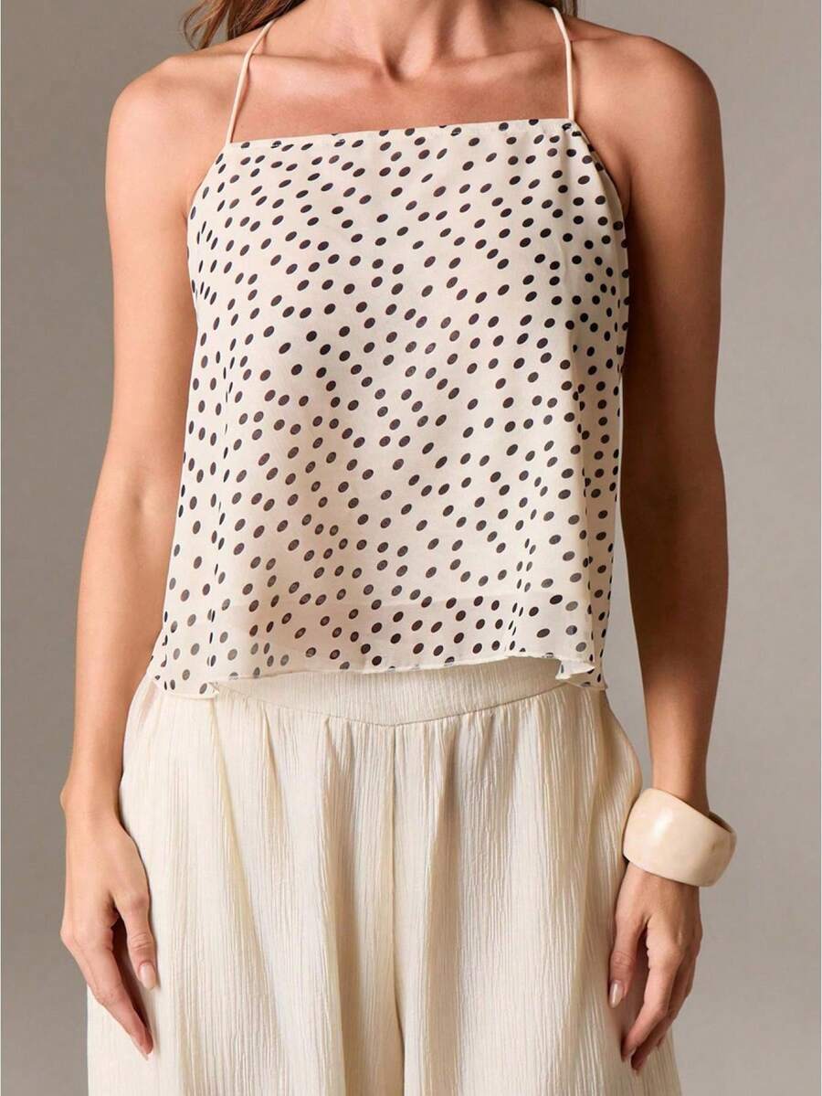Women's Dot Print Tank Tops Summer Fashionable Sleeveless Loose Fit Sheer Camisole - Champán - Ver 1