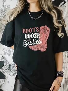 Botas, Alcohol y Mejores Amigas Estampado digital Manga corta Unisex Algodón puro Holgado y cómodo - Blanco - Ver 6