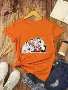 Group Portrait Design In Cartoon Style. Digital Print. Short Sleeves. Unisex. Pure Cotton. Loose And Comfortable. - 橘色 - 查看 1