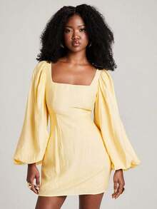 Vestido casual de mujer con cuello cuadrado, mangas farol y espalda descubierta - Amarillo - Ver 2