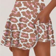 Women's Pink Leopard Print Wide-Swing Skirt Pants With Built-In Safety Shorts & Pockets - Wide-Stance Athletic Shorts Suitable For Badminton, Tennis, Golf, Running, Yoga | Pocketed Skirt For Outdoor Sports, Machine Washable Fitness Shorts - 彩色 - 查看 2