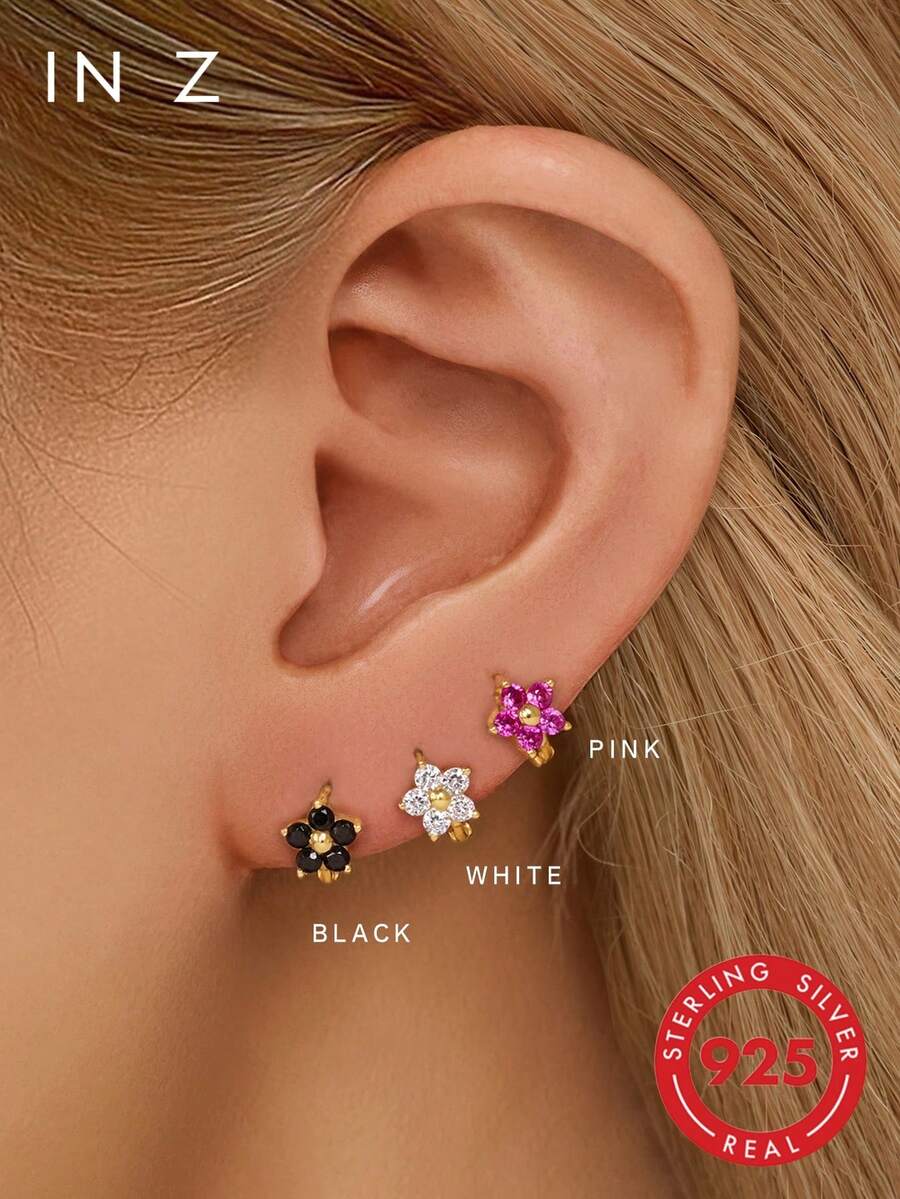 2pcs 925 Sterling Silver Five-Petal Flower Earrings, Gold Zirconia Earrings, Suitable For Women's Daily Wear
