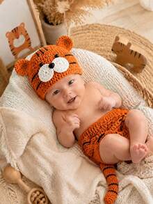 2 Stück Neugeborenen Fotografie Outfit, süßes gestricktes Tiger Themen Kostüm, Baby Jungen/Mädchen Geburts Fotografie Requisite, Gender Reveal Geschenk - Verschiedenfarbig - Übersicht 6
