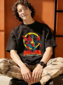 Spider Man In Action Pose Graphic T Shirt 100 Percent Cotton Loose T Shirt MARVEL  Marvel Universe  Superhero Summer Outfits Men Mens Clothing Mens Tops Streetwear Mens Gift Ideas Innerwear Or Outfits,Mens Fashion - Black - View 4