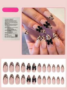 24pcs Medium Almond Shaped Press-On Nails, Leopard Print French Manicure, With 3D Black Bow Decor, High Gloss Full Cover False Nails, Suitable For Women And Girls Daily Wear - Multicolor - View 2