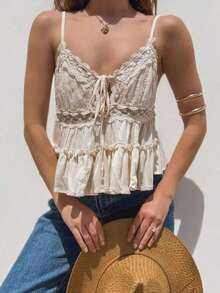 Top de encaje color albaricoque para mujer, de tela tejida sólida con empalmado de encaje, adecuado para citas, vacaciones y verano en la playa - Albaricoque - Ver 2