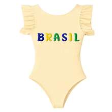 Brazilian Girl's Bodysuit, Fan Theme, Children's/Teenager's Size, Ruffled, World Cup Design, New Release, Suplex Fabric, No Closure, Comfort And Quality - 黃色 - 查看 2
