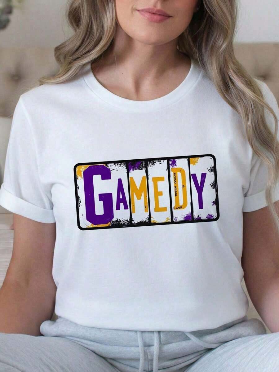 Women's Retro Purple Gold Game Day T-Shirt, Vintage Team Spirit Tee, Clothing For Football, Basketball, And Baseball Fans, 100% Cotton, Short Sleeve, Crew Neck, Distressed Graphic Design, Gift For Sports Lovers For Men W-1 Casual Blouses For Women - 白色 - 查看 1