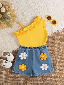 Conjunto de 2 piezas con top sin mangas con volantes y shorts decorados con flores 3D para niñas en verano - Amarillo - Ver 1