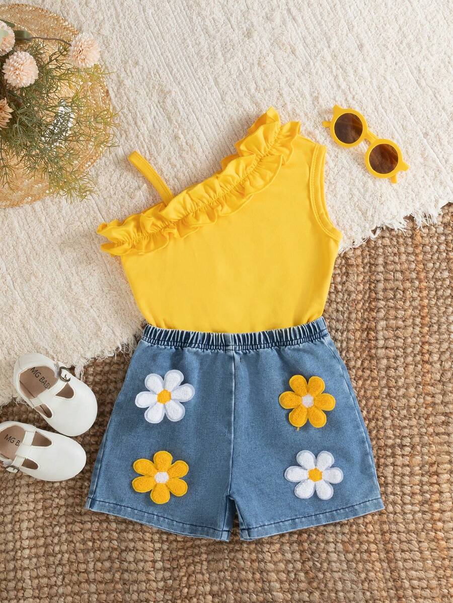 Conjunto de 2 piezas con top sin mangas con volantes y shorts decorados con flores 3D para niñas en verano - Amarillo - Ver 1
