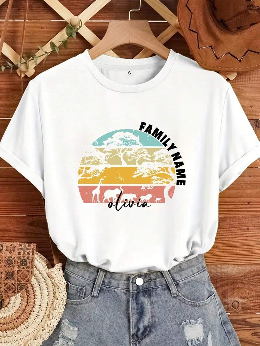 Personalized Family T-Shirts For African Adventures, Custom Hunting T-Shirts, Vintage Nature Style T-Shirts, African Travel T-Shirts, African T-Shirts Suitable For Family Trips, T-Shirts With Personalized Names. Elegant Party Outfit/T-Shirt For Elegant Ladies/Blouses Suitable For Curvy Women/Prom Skirts/Casual Wear - 白色 - 查看 1