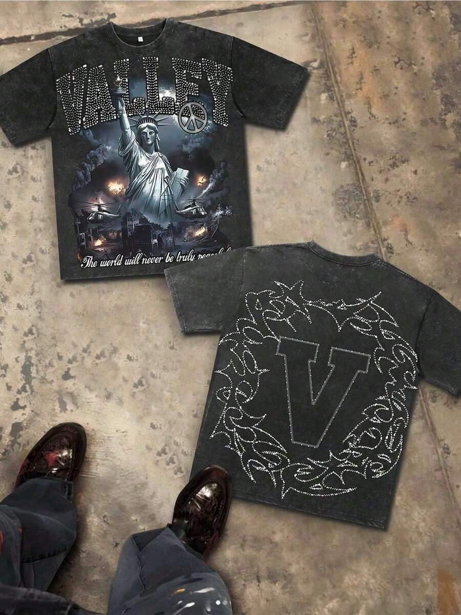 Valley Dreams 230g Pure Cotton Retro Wash T-Shirt, Double-Sided Print, Christian Style, Rock Band Collaboration Print, Y2K Pattern T-Shirt, Pure Cotton Urban Style T-Shirt, Holiday Gift. - 黑色 - 查看 1