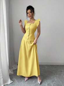 Vestido largo elegante estilo bohemio para vacaciones, con escote en V, mangas abullonadas, cintura ceñida, falda plisada de línea A, bolsillo con cremallera, cierre con botón de perla, adecuado para primavera/verano - Púrpura malva - Ver 10