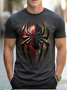 Graphic T-Shirt For Men -T-Shirt With Red And Golden Spider Design, Soft And Breathable Fabric For Daily Streetwear, Comic-Con Outfits - Round-Neck Machine Washable T-Shirt For Young People And Urban Fashion, Casual Wear, Striking Print, Comfortable Fit, Short-Sleeved T-Shirt, Youth Clothing, 100%. GYA8 - 深灰色 - 查看 1
