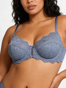 Wingslove Women's Sexy Lace Bra, Unpadded, Underwire, No Lining, Full Coverage, Plus Size Lace Bra - Dusty Blue - View 6