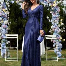 Sequin Long Sleeve V-Neck Twist Waist Slim Fit Wedding Dress Solid Color Women'S Elegant Fashion Long Formal Dinner Party Prom Gown - 海軍藍 - 查看 1