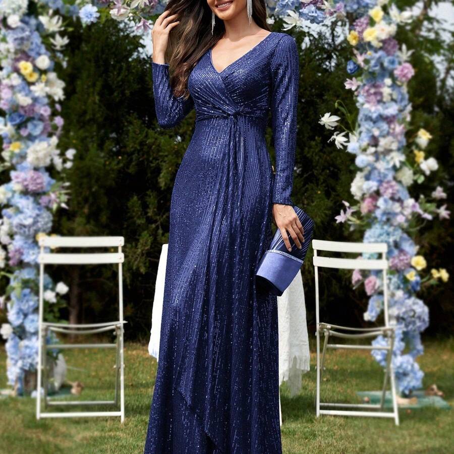 Sequin Long Sleeve V-Neck Twist Waist Slim Fit Wedding Dress Solid Color Women'S Elegant Fashion Long Formal Dinner Party Prom Gown - 海軍藍 - 查看 1