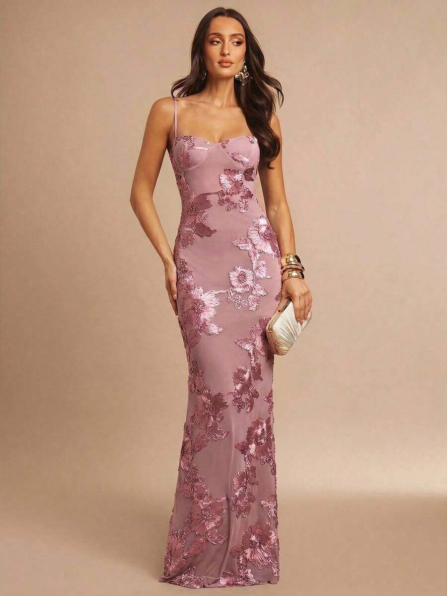 Fitted Strappy Dress With 3D Floral Print - Clear - View 1