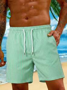 Men's Striped Casual Beach Shorts With Drawstring, Summer - Mint Green - View 6
