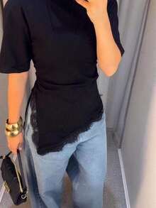Camiseta de mujer de punto de unicolor con encaje en contraste, asimétrica/asimétrica, adecuada para el hogar, uso diario, vuelta al colegio, fiesta, primavera/verano - Negro - Ver 5