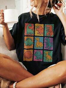 Retro T-Shirt With Dinosaur Graphic 1XDW - Black - View 1