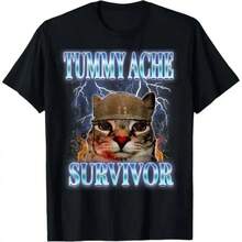 Stomach Ache Survivor Cat T-Shirt With Funny Phrase, Cat And Animal Design, For Adults, Kids And Youth, Graphic Tees, Funny Vintage Fashion Tees, Short Sleeve Tees, Holiday Clothing. - 黑色 - 查看 4