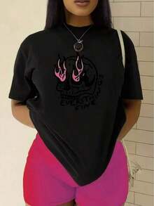 Camiseta de Mujer Casual para Uso Diario con Estampado de Calavera con Llamas Rosadas y la Frase "TODO ESTÁ BIEN", Camiseta Casual Adecuada para Uso Diario Informal - Negro - Ver 5