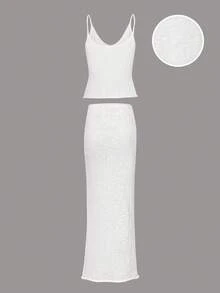 EAVA European And American Style Sexy Knit Camisole And Mini Skirt Set, Summer Beach Outfit - White - View 8