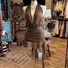 . . NostaNoir Vestido de mujer con cuello halter, espalda descubierta y volantes en el bajo - Camel - Ver 4