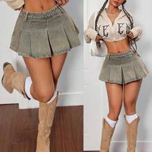 guangzhougaolangshangmao  PETITE Minifalda de mezclilla para mujer, falda plisada de tiro ultra bajo sexy, falda de mujer para Acción de Gracias, falda de Navidad, falda de jeans Y2K, falda vaquera vintage, falda de jeans de tiro bajo - Lavado ligero - Ver 2