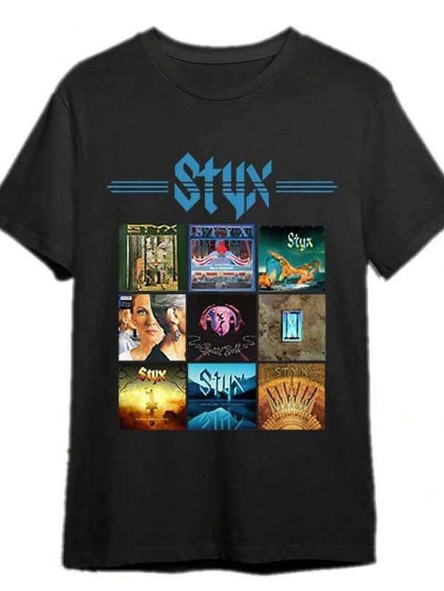 Men's Styx Album Grid Graphic T-Shirt, 100% Cotton, Machine Washable, Men's And Women's Tees, Easter Gifts For Male And Female Friends, Mom And Dad, Sizes S-XXXL, Black - 黑色 - 查看 1