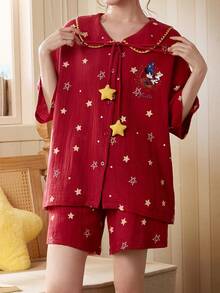 Gongdie Bộ đồ ngủ nữ Disney 2 món, chất liệu cotton mùa hè với họa tiết Mickey dễ thương, viền zigzag màu vàng và nơ thắt cổ. - Đỏ - Xem 1