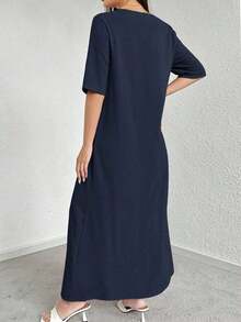 Vestido casual de fiesta con cuello redondo y plisado de unicolor, adecuado para el verano - Azul marino - Ver 6