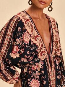 Vestido de gasa con cuello en V y manga larga con estampado floral para mujer, adecuado para vacaciones, estilo de vacaciones, estampado gráfico tejido, atuendos casuales de verano para vacaciones, atuendos de vacaciones en la playa bohemia, ropa bohemia chic, atuendos de festivales de vacaciones, atuendos de playa para mujer, atuendos de verano para mujer, atuendo de graduación, atuendos de cumpleaños para mujer, artículos esenciales de playa, atuendo de aeropuerto para mujer, vestido de té, vestido de cumpleaños, vestido de verano, verano europeo, ropa bohemia para mujer, vestido elegante para mujer - Negro y oro - Ver 1