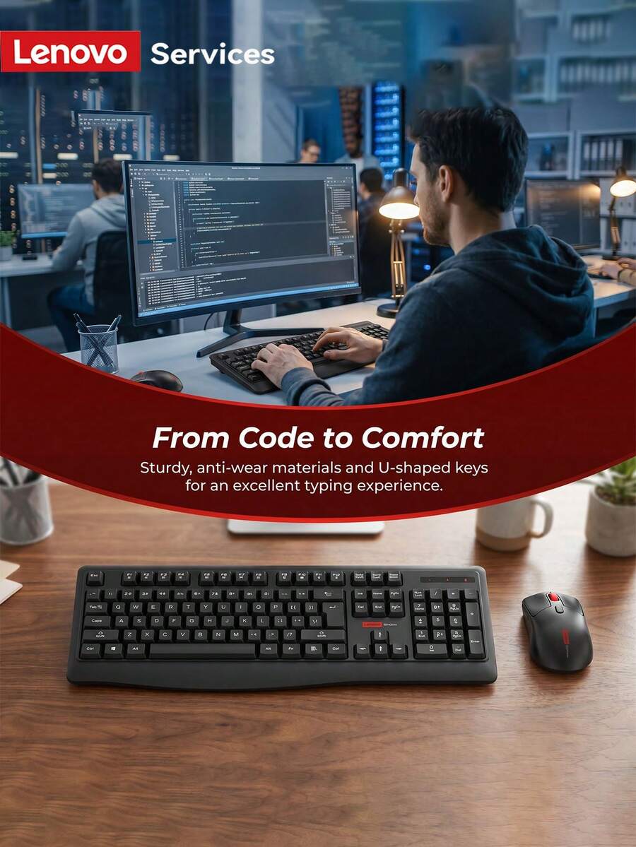 Lenovo Silent Wireless Keyboard And Mouse Set 2.4G Full Size Office Keyboard With Ergonomic Quiet Mouse USB Plug Play Combo For Laptop Computer Desktop PC Home Office Gaming Study - View 1