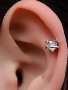 1pc Minimalist Cubic Zirconia Star & Heart Mini Stud Earrings For Women, Genuine 18K Gold Plated Flat Back Threaded Piercing, 20G Bar Cartilage Helix Earring, 2026 New Style - A Pair Of Round, Heart-shaped Planet Earrings - View 6