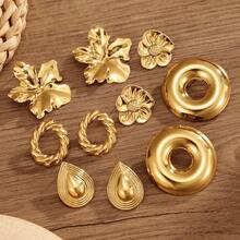 10 piezas Conjunto de aretes geométricos dorados para mujer, para uso diario, estilos surtidos enviados al azar, sin empaque - Amarillo Oro - Ver 28