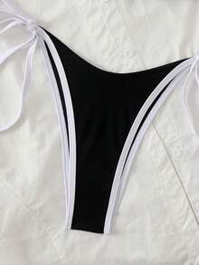 Conjunto de bikini de unicolor con contraste nuevo para mujer en verano, traje de baño con escote halter y espalda descubierta, tela de alta elasticidad, para fiesta/festival de música, atue - Blanco y Negro - Ver 5