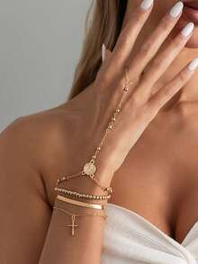 4pcs/Set Classic Basic Gold Flat Snake Cross Knuckle Bracelet, Lightweight Minimalist CCB Beaded Bracelet, Fashionable Jewelry For Women, Suitable For Daily Wear, Music Festivals, Dates - Chain Length Can Be Customized - Gold - View 2