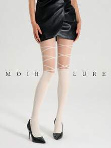 MOIRÉALLURE Meias femininas listradas até a coxa, estilo versátil, clássicas e práticas, ideais para o dia a dia, baladas e outras ocasiões. Meias-calças de jacquard macio e sedoso. - Champagne - Ver 1