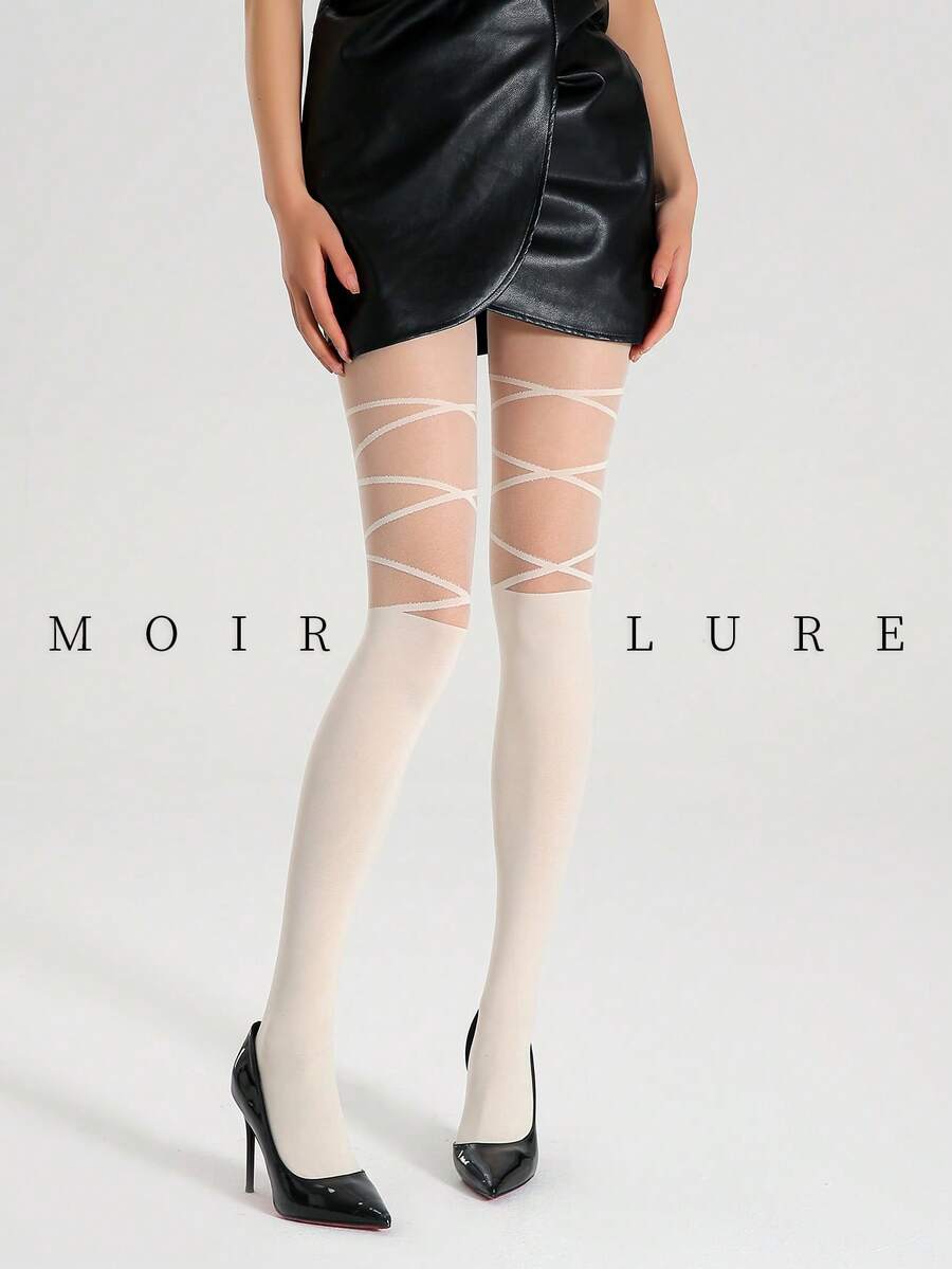MOIRÉALLURE Meias femininas listradas até a coxa, estilo versátil, clássicas e práticas, ideais para o dia a dia, baladas e outras ocasiões. Meias-calças de jacquard macio e sedoso. - Champagne - Ver 1