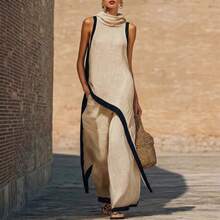 2026 Women's Contrast Trim Linen Two Piece Set Sleeveless Hooded Top Wide Leg Pants Resort Outfit - 淺米色 - 查看 1