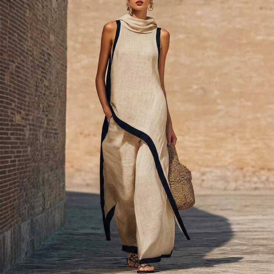 2026 Women's Contrast Trim Linen Two Piece Set Sleeveless Hooded Top Wide Leg Pants Resort Outfit - 淺米色 - 查看 1