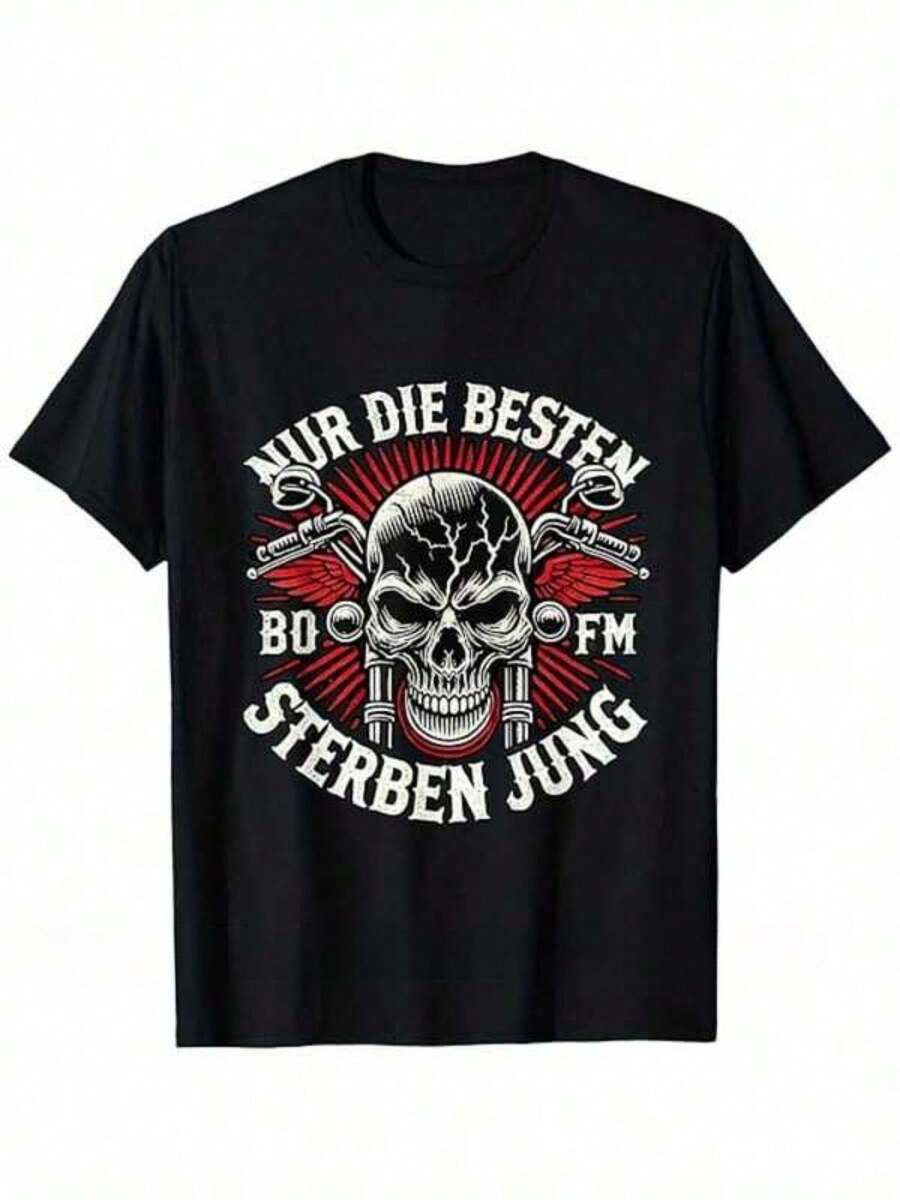 Camiseta de hombre con calavera y letras alemanas, perfecta para el uso diario en verano. ¡Un Regalo Maravilloso para Familiares y Amigos! Unisexo! Apto para todas las estaciones! ¡Un regalo con valor coleccionable! - Negro - Ver 1