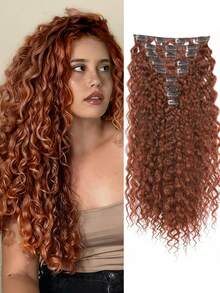 Extensiones de clip de cabello rizado de fibra sintética marrón, 9 piezas de doble capa, juego de paquetes de cabello rizado de fibra sintética resistente al calor para cabeza completa - Multicolor - Ver 14